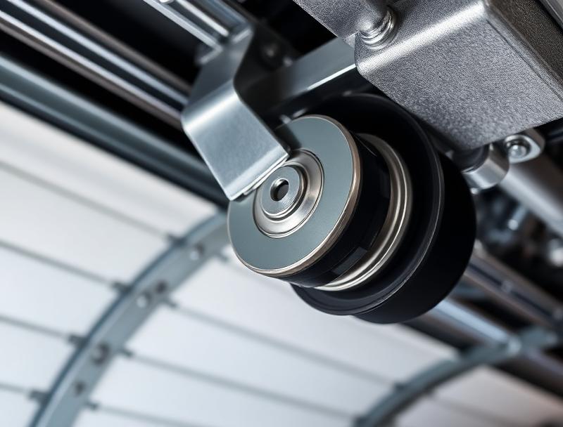 Garage door belt drive system close-up showing professional maintenance