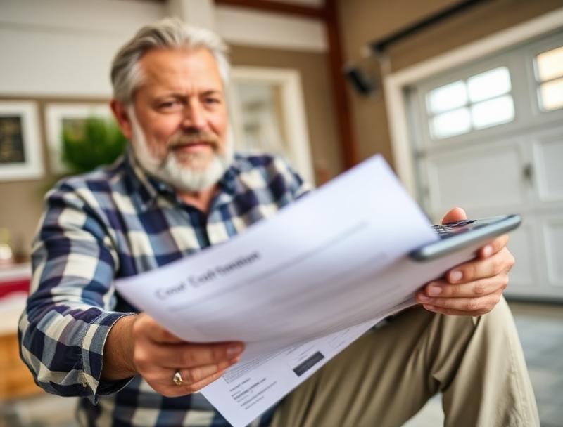 Homeowner reviewing financing documents for garage door installation