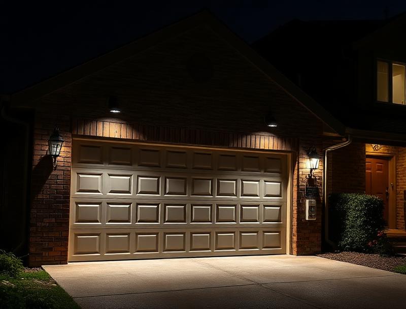 Security lighting on garage exterior at night with motion sensor lights
