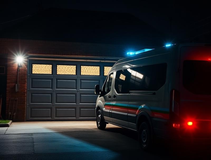 Emergency garage door repair service van responding to after-hours urgent call
