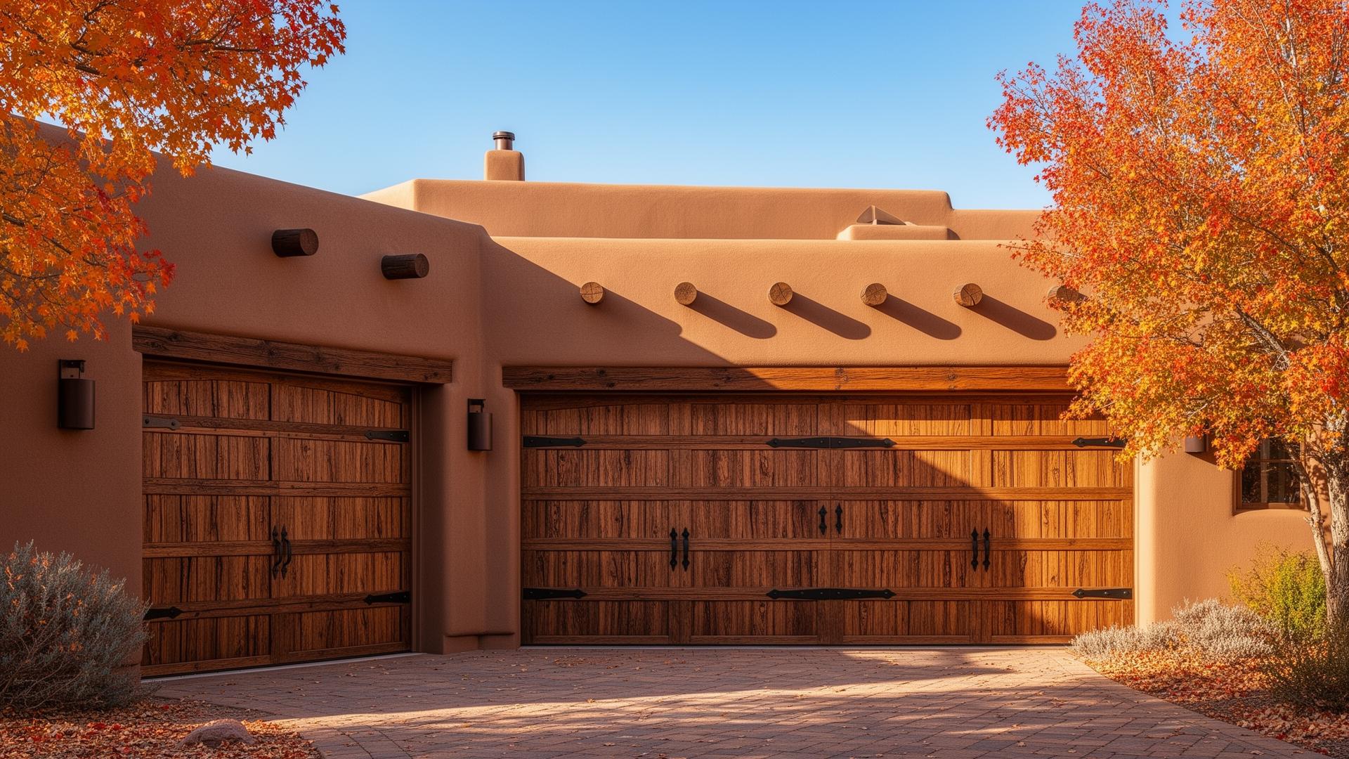 Premium rustic wood grain garage doors with iron strap hinges installed on a Southwest adobe style home in Sanford NC
