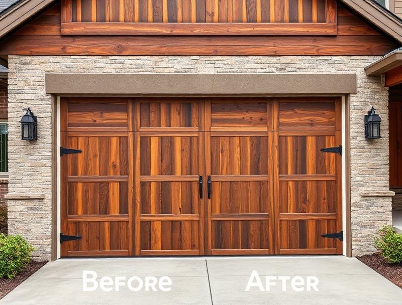 Professional technician installing premium rustic wood grain garage door on modern residential home