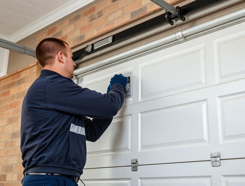 Professional technician performing garage door balance testing and preventive maintenance