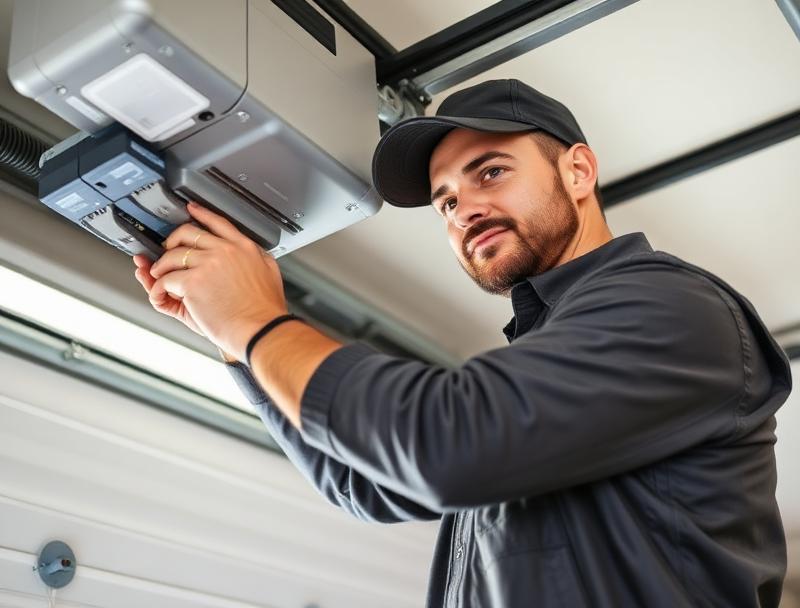 Experienced certified technician diagnosing and repairing garage door opener motor